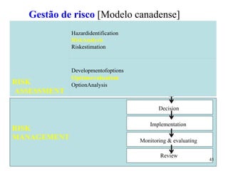RISK
ASSESSMENT
Hazardidentification
RiskAnalysis
Riskestimation
Developmentofoptions
Optionevaluation
OptionAnalysis
45
Gestão de risco [Modelo canadense]
RISK
MANAGEMENT
Decision
Implementation
Monitoring & evaluating
Review
 