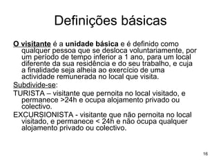 Definições básicas O visitante  é a  unidade básica  e é definido como qualquer pessoa que se desloca voluntariamente, por um período de tempo inferior a 1 ano, para um local diferente da sua residência e do seu trabalho, e cuja a finalidade seja alheia ao exercício de uma actividade remunerada no local que visita.  Subdivide-se : TURISTA – visitante que pernoita no local visitado, e permanece >24h e ocupa alojamento privado ou colectivo. EXCURSIONISTA - visitante que não pernoita no local visitado, e permanece < 24h e não ocupa qualquer alojamento privado ou colectivo. 