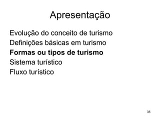 Apresentação Evolução do conceito de turismo Definições básicas em turismo Formas ou tipos de turismo Sistema turístico Fluxo turístico 