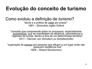 Evolução do conceito de turismo Como evoluiu a definição de  turismo ? “ teoria e a prática de  viajar  por prazer”  1881 – Dicionário inglês Oxford “ conceito que compreende todos os processos, especialmente  económicos , que se manifestam na afluência, permanência e regresso do turista, dentro e fora de um determinado território”  1911 – Herman von Schullern zu Schattenhofen “ superação do  espaço  por pessoas que afluem a um lugar onde não possuem residência fixa” 1929 – Robert Glucksmann 