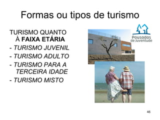 Formas ou tipos de turismo TURISMO QUANTO À  FAIXA ETÁRIA -  TURISMO JUVENIL -  TURISMO ADULTO -  TURISMO PARA A TERCEIRA IDADE -  TURISMO MISTO 