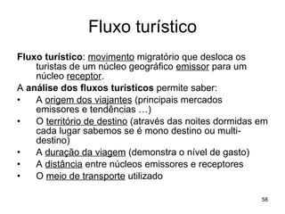 Fluxo turístico Fluxo turístico :  movimento  migratório que desloca os turistas de um núcleo geográfico  emissor  para um núcleo  receptor .  A  análise dos fluxos turísticos  permite saber: A  origem dos viajantes  (principais mercados emissores e tendências …) O  território de destino  (através das noites dormidas em cada lugar sabemos se é mono destino ou multi-destino) A  duração da viagem  (demonstra o nível de gasto) A  distância  entre núcleos emissores e receptores O  meio de transporte  utilizado 