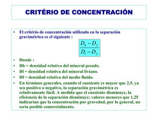 CRITÉRIO DE CONCENTRACIÓN


•   El critério de concentración utilizado en la separación
    gravimétrica es el siguiente :
                                     Dh − D f
                                     Dl − D f
•   Donde :
•   Dh = densidad relativa del mineral pesado.
•   Dl = densidad relativa del mineral liviano.
•   Df = densidad relativa del medio fluido.
•   En términos generales, cuando el cuosiente es mayor que 2,5, ya
    sea positivo o negativo, la separación gravimétrica es
    relativamente fácil. A medida que el cuosiente disminuye, la
    eficiencia de la separación disminuye; valores menores que 1,25
    indicarían que la concentración por gravedad, por lo general, no
    sería posible comercialmente.
 