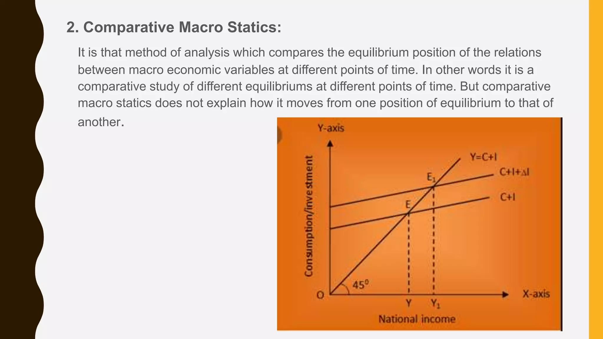 2. Comparative Macro Statics:
It is that method of analysis which compares the equilibrium position of the relations
between macro economic variables at different points of time. In other words it is a
comparative study of different equilibriums at different points of time. But comparative
macro statics does not explain how it moves from one position of equilibrium to that of
another.
10
 