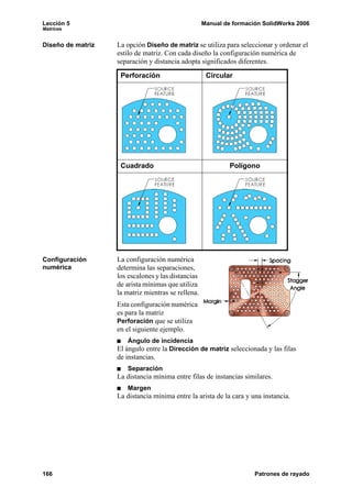 Lección 5 Manual de formación SolidWorks 2006
Matrices
166 Patrones de rayado
Diseño de matriz La opción Diseño de matriz se utiliza para seleccionar y ordenar el
estilo de matriz. Con cada diseño la configuración numérica de
separación y distancia adopta significados diferentes.
Configuración
numérica
La configuración numérica
determina las separaciones,
los escalones y las distancias
de arista mínimas que utiliza
la matriz mientras se rellena.
Esta configuración numérica
es para la matriz
Perforación que se utiliza
en el siguiente ejemplo.
Ángulo de incidencia
El ángulo entre la Dirección de matriz seleccionada y las filas
de instancias.
Separación
La distancia mínima entre filas de instancias similares.
Margen
La distancia mínima entre la arista de la cara y una instancia.
Perforación Circular
Cuadrado Polígono
 
