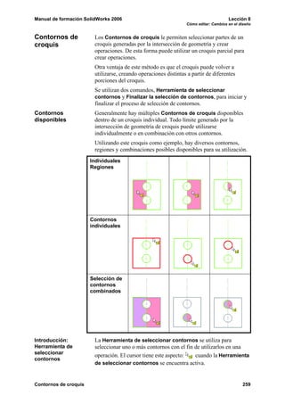 Manual de formación SolidWorks 2006 Lección 8
Cómo editar: Cambios en el diseño
Contornos de croquis 259
Contornos de
croquis
Los Contornos de croquis le permiten seleccionar partes de un
croquis generadas por la intersección de geometría y crear
operaciones. De esta forma puede utilizar un croquis parcial para
crear operaciones.
Otra ventaja de este método es que el croquis puede volver a
utilizarse, creando operaciones distintas a partir de diferentes
porciones del croquis.
Se utilizan dos comandos, Herramienta de seleccionar
contornos y Finalizar la selección de contornos, para iniciar y
finalizar el proceso de selección de contornos.
Contornos
disponibles
Generalmente hay múltiples Contornos de croquis disponibles
dentro de un croquis individual. Todo límite generado por la
intersección de geometría de croquis puede utilizarse
individualmente o en combinación con otros contornos.
Utilizando este croquis como ejemplo, hay diversos contornos,
regiones y combinaciones posibles disponibles para su utilización.
Introducción:
Herramienta de
seleccionar
contornos
La Herramienta de seleccionar contornos se utiliza para
seleccionar uno o más contornos con el fin de utilizarlos en una
operación. El cursor tiene este aspecto: cuando la Herramienta
de seleccionar contornos se encuentra activa.
Individuales
Regiones
Contornos
individuales
Selección de
contornos
combinados
 