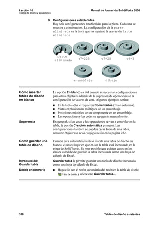 Lección 10 Manual de formación SolidWorks 2006
Tablas de diseño y ecuaciones
318 Tablas de diseño existentes
9 Configuraciones establecidas.
Hay seis configuraciones establecidas para la pieza. Cada una se
muestra a continuación. La configuración de la parte
eliminada es la única que no suprime la operación Parte
eliminada.
Cómo insertar
tablas de diseño
en blanco
La opción En blanco es útil cuando se necesitan configuraciones
para otros objetivos además de la supresión de operaciones o la
configuración de valores de cota. Algunos ejemplos serían:
En la tabla sólo se requieren Comentarios (fila o columna).
Vistas explosionadas múltiples de un ensamblaje.
Posiciones múltiples de un componente en un ensamblaje.
Las operaciones y las cotas se agregarán manualmente.
Sugerencia En general, si las cotas y las operaciones se van a controlar en la
tabla, la opción Creación automática es mejor. Las
configuraciones también se pueden crear fuera de una tabla,
consulte Definición de la configuración en la página 282.
Como guardar una
tabla de diseño
Cuando crea automáticamente o inserta una tabla de diseño en
blanco, el único lugar en que existe la tabla está incrustado en la
pieza de SolidWorks. Es muy posible que existan casos en los
cuales usted desee guardar la tabla incrustada como una hoja de
cálculo de Excel.
Introducción:
Guardar tabla
Guardar tabla le permite guardar una tabla de diseño incrustada
como una hoja de cálculo de Excel.
Dónde encontrarlo Haga clic con el botón secundario del ratón en la tabla de diseño
y seleccione Guardar tabla....
parte
w7-225 w7-25 w8-3
ensamblaje dibujo
eliminada
 