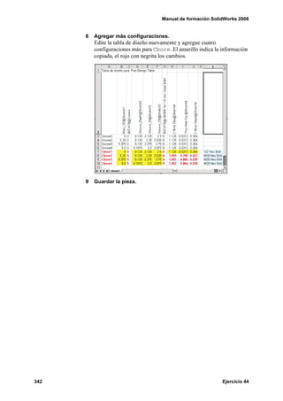 Manual de formación SolidWorks 2006
342 Ejercicio 44
8 Agregar más configuraciones.
Edite la tabla de diseño nuevamente y agregue cuatro
configuraciones más para Cbore. El amarillo indica la información
copiada, el rojo con negrita los cambios.
9 Guardar la pieza.
 