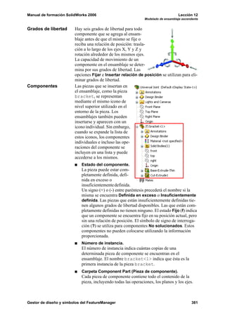 Manual de formación SolidWorks 2006 Lección 12
Modelado de ensamblaje ascendente
Gestor de diseño y símbolos del FeatureManager 381
Grados de libertad Hay seis grados de libertad para todo
componente que se agrega al ensam-
blaje antes de que el mismo se fije o
reciba una relación de posición: trasla-
ción a lo largo de los ejes X, Y y Z y
rotación alrededor de los mismos ejes.
La capacidad de movimiento de un
componente en el ensamblaje se deter-
mina por sus grados de libertad. Las
opciones Fijar e Insertar relación de posición se utilizan para eli-
minar grados de libertad.
Componentes Las piezas que se insertan en
el ensamblaje, como la pieza
bracket, se representan
mediante el mismo icono de
nivel superior utilizado en el
entorno de la pieza. Los
ensamblajes también pueden
insertarse y aparecen con un
icono individual. Sin embargo,
cuando se expande la lista de
estos iconos, los componentes
individuales e incluso las ope-
raciones del componente se
incluyen en una lista y puede
accederse a los mismos.
Estado del componente.
La pieza puede estar com-
pletamente definida, defi-
nida en exceso o
insuficientementedefinida.
Un signo (+) o (-) entre paréntesis precederá el nombre si la
misma se encuentra Definida en exceso o Insuficientemente
definida. Las piezas que están insuficientemente definidas tie-
nen algunos grados de libertad disponibles. Las que están com-
pletamente definidas no tienen ninguno. El estado Fijo (f) indica
que un componente se encuentra fijo en su posición actual, pero
sin una relación de posición. El símbolo de signo de interroga-
ción (?) se utiliza para componentes No solucionados. Estos
componentes no pueden colocarse utilizando la información
proporcionada.
Número de instancia.
El número de instancia indica cuántas copias de una
determinada pieza de componente se encuentran en el
ensamblaje. El nombre bracket<1> indica que ésta es la
primera instancia de la pieza bracket.
Carpeta Component Part (Pieza de componente).
Cada pieza de componente contiene todo el contenido de la
pieza, incluyendo todas las operaciones, los planos y los ejes.
 