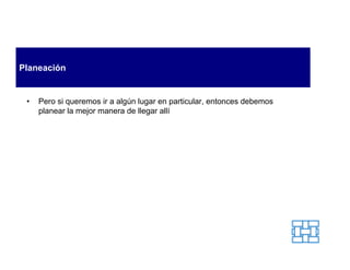 Planeación


 •   Pero si queremos ir a algún lugar en particular, entonces debemos
     planear la mejor manera de llegar allí
 