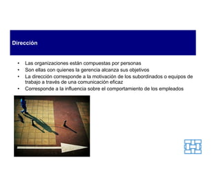 Dirección


 •   Las organizaciones están compuestas por personas
 •   Son ellas con quienes la gerencia alcanza sus objetivos
 •   La dirección corresponde a la motivación de los subordinados o equipos de
     trabajo a través de una comunicación eficaz
 •   Corresponde a la influencia sobre el comportamiento de los empleados
 