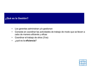 ¿Qué es la Gestión?



     •   Los gerentes administran y/o gestionan
     •   Consiste en coordinar las actividades de trabajo de modo que se lleven a
         cabo de manera eficiente y eficaz
     •   Coordinar el trabajo de otros (3’os)
     •   ¿qué es la eficiencia?
 
