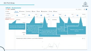 UiPath - Orchestrator
Assets representam variáveis ou credenciais
compartilhadas, que podem ser usadas em
diferentes projetos de automação. Eles
permitem que você armazene informações
específicas, para que os robôs possam
facilmente acessá-las.
Processos que estão disponíveis
para execução no Orquestrator
Filas são um mecanismo que permite definir
a carga de trabalho para o robô, ao
alimentarmos a fila o RPA poderá processá-
la de acordo com as configurações.
Triggers são disparadores de
automações, são usados para definir a
dinâmica de execução de um bot. Por
ex.: Executar a cada 30 minutos.
Usuário cadastrados e disponíveis
para acesso a pasta/tenant e usuários
do tipo Robot.
Máquinas onde os robôs irão
executar.
 