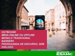OUTBOUND
MÍDIA ONLINE OU OFFLINE
MODELO TRADICIONAL
BANNERS
PROPAGANDA DE DISCURSO, SEM
DIÁLOGO
 