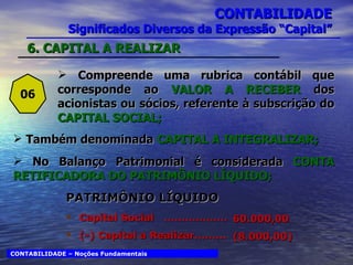 CONTABILIDADE Significados Diversos da Expressão “Capital” 06 Compreende uma rubrica contábil que corresponde ao  VALOR A RECEBER  dos acionistas ou sócios, referente à subscrição do  CAPITAL SOCIAL; CONTABILIDADE – Noções Fundamentais PATRIMÔNIO LÍQUIDO Capital Social  .................. (-) Capital a Realizar......... 60.000,00 (8.000,00) No Balanço Patrimonial é considerada  CONTA RETIFICADORA DO PATRIMÔNIO LÍQUIDO; Também denominada  CAPITAL A INTEGRALIZAR; 6. CAPITAL A REALIZAR 