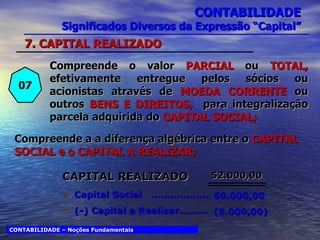 CONTABILIDADE Significados Diversos da Expressão “Capital” CONTABILIDADE – Noções Fundamentais 07 Compreende o valor  PARCIAL  ou  TOTAL,  efetivamente entregue pelos sócios ou acionistas através de  MOEDA CORRENTE  ou outros  BENS E DIREITOS,  para integralização parcela adquirida do  CAPITAL SOCIAL; CAPITAL REALIZADO Capital Social  .................. (-) Capital a Realizar......... 60.000,00 (8.000,00) 52.000,00 Compreende a a diferença algébrica entre o  CAPITAL SOCIAL e o CAPITAL A REALIZAR; 7. CAPITAL REALIZADO 