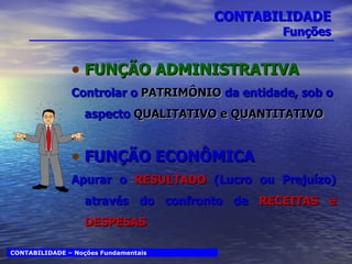 CONTABILIDADE Funções FUNÇÃO ADMINISTRATIVA Controlar o  PATRIMÔNIO  da entidade, sob o aspecto  QUALITATIVO e QUANTITATIVO FUNÇÃO ECONÔMICA Apurar o  RESULTADO  (Lucro ou Prejuízo) através do confronto de  RECEITAS e DESPESAS CONTABILIDADE – Noções Fundamentais 