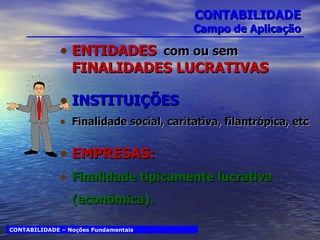 CONTABILIDADE Campo de Aplicação ENTIDADES   com ou sem  FINALIDADES LUCRATIVAS INSTITUIÇÕES Finalidade social, caritativa, filantrópica, etc EMPRESAS:   Finalidade tipicamente lucrativa (econômica). CONTABILIDADE – Noções Fundamentais 