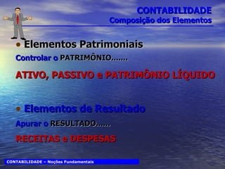 CONTABILIDADE Composição dos Elementos Elementos Patrimoniais Controlar o  PATRIMÔNIO....... ATIVO, PASSIVO e PATRIMÔNIO LÍQUIDO Elementos de Resultado Apurar o  RESULTADO...... RECEITAS e DESPESAS CONTABILIDADE – Noções Fundamentais 