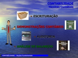 CONTABILIDADE Técnicas Contábeis ESCRITURAÇÃO   DEMONSTRAÇÕES CONTÁBEIS AUDITORIA ANÁLISE DE BALANÇOS CONTABILIDADE – Noções Fundamentais 