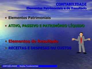 CONTABILIDADE Elementos Patrimoniais e de Resultado Elementos Patrimoniais ATIVO, PASSIVO E PATRIMÔNIO LÍQUIDO Elementos de Resultado RECEITAS E DESPESAS OU CUSTOS CONTABILIDADE – Noções Fundamentais 