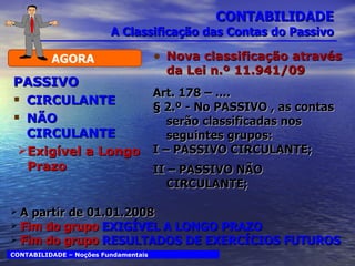 PASSIVO CIRCULANTE NÃO CIRCULANTE Exigível a Longo Prazo CONTABILIDADE A Classificação das Contas do Passivo Nova classificação através da Lei n.º 11.941/09 Art. 178 – .... § 2.º - No PASSIVO , as contas serão classificadas nos seguintes grupos: I – PASSIVO CIRCULANTE; II – PASSIVO NÃO CIRCULANTE; AGORA  CONTABILIDADE – Noções Fundamentais Fim do grupo  EXIGÍVEL A LONGO PRAZO Fim do grupo  RESULTADOS DE EXERCÍCIOS FUTUROS A partir de 01.01.2008 
