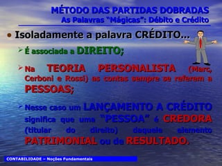 MÉTODO DAS PARTIDAS DOBRADAS As Palavras “Mágicas”: Débito e Crédito Isoladamente a palavra CRÉDITO... É associada a  DIREITO; Na  TEORIA PERSONALISTA  (Marc, Cerboni e Rossi) as contas sempre se referem a  PESSOAS; Nesse caso um  LANÇAMENTO A CRÉDITO  significa que uma  “PESSOA”  é  CREDORA  (titular do direito) daquele elemento   PATRIMONIAL  ou de  RESULTADO. CONTABILIDADE – Noções Fundamentais CONTABILIDADE – Noções Fundamentais 