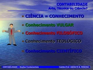 CONTABILIDADE Arte, Técnica ou Ciência? CIÊNCIA = CONHECIMENTO Conhecimento VULGAR Conhecimento FILOSÓFICO Conhecimento TEOLÓGICO Conhecimento CIENTÍFICO Cedido:Prof. UBIRATÃ B. PEREIRA CONTABILIDADE – Noções Fundamentais 