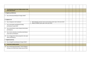 II. PELAKSANAAN KEGIATAN PEMBELAJARAN YANG
AKTIF DAN EFEKTIF
A. Kegiatan pendahuluan
5. Guru memulai pembelajaran dengan efektif
B. Kegiatan inti
6. Guru menguasai materi pelajaran 1. Memanfaatkan internet mencari info tentang materi optic, listrik, dan listrik
2. Belajar di MGMP materi optic, listrik, dan listrik
7. Guru menerapkan pendekatan/strategi
pembelajaran yang efektif
8. Guru memanfaatan sumber belajar/media dalam
pembelajaran
9. Guru memicu dan/atau memelihara keterlibatan
siswa dalam pembelajaran
10. Guru menggunakan bahasa yang benar dan tepat
dalam pembelajaran
C. Kegiatan penutup
11. Guru mengakhiri pembelajaran dengan efektif
III. PENILAIAN PEMBELAJARAN
12. Guru merancang alat penilaian untuk mengukur
kemajuan dan keberhasilan belajar peserta didik
 