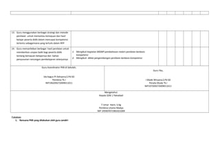 13. Guru menggunakan berbagai strategi dan metode
penilaian untuk memantau kemajuan dan hasil
belajar peserta didik dalam mencapai kompetensi
tertentu sebagaimana yang tertulis dalam RPP
14. Guru memanfatkan berbagai hasil penilaian untuk
memberikan umpan balik bagi peserta didik
tentang kemajuan belajarnya dan bahan
penyusunan rancangan pembelajaran selanjutnya
1. Mengikuti kegiatan MGMP pembahasan materi penilaian berbasis
kompetensi
2. Mengikuti diklat pengembangan penilaian berbasis kompetensi
Guru Koordinator PKB di Sekolah,
Ida bagus Pt Adnyana,S.Pd.SD
Pembina Tk.I
NIP196209272009011011
Guru Ybs,
I Made Wiryana,S.Pd.SD
Penata Muda Tk.I
NIP197209272009011011
Mengetahui:
Kepala SDN 1 Paksebali
T Umar Haini, S.Ag
Pembina Utama Madya
NIP 195907071981021009
Catatan:
1. Rencana PKB yang dilakukan oleh guru sendiri
 
