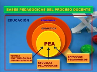 BASES PEDAGÓGICAS DEL PROCESO DOCENTE

EDUCACIÓN

PEDAGOGÍA

DIDÁCTICA

PEA
TEORIAS
EPISTEMOLÓGICAS
PSICOPEDAGÓGICAS

ENFO...