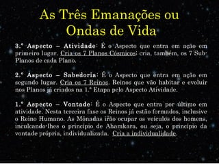 As Três Emanações ou
Ondas de Vida
3.º Aspecto – Atividade: É o Aspecto que entra em ação em
primeiro lugar. Cria os 7 Planos Cósmicos; cria, também, os 7 Sub-
Planos de cada Plano.
2.º Aspecto – Sabedoria: É o Aspecto que entra em ação em
segundo lugar. Cria os 7 Reinos. Reinos que vão habitar e evoluir
nos Planos já criados na 1.ª Etapa pelo Aspecto Atividade.
1.º Aspecto – Vontade: É o Aspecto que entra por último em
atividade. Nesta terceira fase os Reinos já estão formados, inclusive
o Reino Humano. As Mônadas irão ocupar os veículos dos homens,
inculcando-lhes o princípio de Ahamkara, ou seja, o princípio da
vontade própria, individualizada. Cria a individualidade.
 