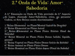 2.ª Onda de Vida: Amor-
Sabedoria
A 2.ª Emanação ou Onda de Vida provinda do 2.º Aspecto
do Logos, chamado Amor-Sabedoria, criou, na presente
Cadeia, os Sete Reinos assim discriminados:
1.ºReino Elemental no Plano Mental (início da Descida)
2.º Reino Elemental no Plano Astral
3.º Reino Elemental no Plano Físico Etérico (final da
Descida)
4.º Reino Mineral no Plano Físico Denso (sólido, líquido,
gasoso)
5.º Reino Vegetal no Plano Físico Denso (início da Subida)
6.º Reino Animal no Plano Físico Denso
7.º Reino Hominal no Plano Físico denso (Final da Subida)
 