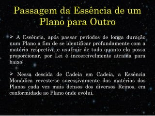 Passagem da Essência de um 
Plano para Outro 
 A Essência, após passar períodos de longa duração 
num Plano a fim de se identificar profundamente com a 
matéria respectiva e usufruir de tudo quanto ela possa 
proporcionar, por Lei é incoercivelmente atraída para 
baixo; 
 Nessa descida de Cadeia em Cadeia, a Essência 
Monádica reveste-se sucessivamente das matérias dos 
Planos cada vez mais densos dos diversos Reinos, em 
conformidade ao Plano onde evolui. 
 