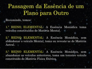 Passagem da Essência de um 
Plano para Outro 
Resumindo, temos: 
1.º REINO ELEMENTAL: A Essência Monádica toma 
veículos constituídos de Matéria Mental. 
2.º REINO ELEMENTAL: A Essência Monádica, sem 
abandonar o veículo Mental, toma ou reveste-se de Matéria 
Astral. 
3.º REINO ELEMENTAL: A Essência Monádica, sem 
abandonar os veículos anteriores, toma um terceiro veículo 
constituído de Matéria Física Etérica. 
 