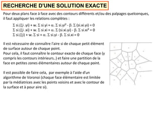 RECHERCHE D'UNE SOLUTION EXACTE
Pour deux plans face à face avec des contours différents et/ou des palpages quelconques,
il faut appliquer les relations complètes :
 si.(i .yi) + w.  si.yi + .  si.yi² - .  (si.xi.yi) = 0
 si.(i .xi) + w.  si.xi + .  (si.xi.yi) - .  si.xi² = 0
 si.(i) + w.  si + .  si.yi - .  si.xi = 0
Il est nécessaire de connaître l'aire si de chaque petit élément
de surface autour de chaque point.
Pour cela, il faut connaître le contour exacte de chaque face (y
compris les contours intérieurs..) et faire une partition de la
face en petites zones élémentaires autour de chaque point.
Il est possible de faire cela, par exemple à l'aide d'un
algorithme de Voronoi (chaque face élémentaire est limitée
par la médiatrices avec les points voisins et avec le contour de
la surface et à pour aire si).
 