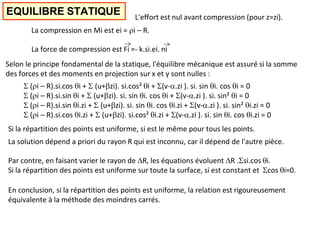 EQUILIBRE STATIQUE L'effort est nul avant compression (pour z=zi).
La compression en Mi est ei = i – R.
La force de compression est Fi =- k.si.ei. ni
Selon le principe fondamental de la statique, l'équilibre mécanique est assuré si la somme
des forces et des moments en projection sur x et y sont nulles :
 (i – R).si.cos i +  (u+zi). si.cos² i + (v-.zi ). si. sin i. cos i = 0
 (i – R).si.sin i +  (u+zi). si. sin i. cos i + (v-.zi ). si. sin² i = 0
 (i – R).si.sin i.zi +  (u+zi). si. sin i. cos i.zi + (v-.zi ). si. sin² i.zi = 0
 (i – R).si.cos i.zi +  (u+zi). si.cos² i.zi + (v-.zi ). si. sin i. cos i.zi = 0
Si la répartition des points est uniforme, si est le même pour tous les points.
La solution dépend a priori du rayon R qui est inconnu, car il dépend de l'autre pièce.
Par contre, en faisant varier le rayon de R, les équations évoluent R .si.cos i.
Si la répartition des points est uniforme sur toute la surface, si est constant et cos i=0.
En conclusion, si la répartition des points est uniforme, la relation est rigoureusement
équivalente à la méthode des moindres carrés.
 