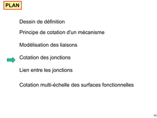 PLAN
Dessin de définition
Principe de cotation d'un mécanisme
Modélisation des liaisons
Cotation des jonctions
Lien entre les jonctions
Cotation multi-échelle des surfaces fonctionnelles
39
 