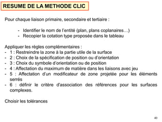 40
Pour chaque liaison primaire, secondaire et tertiaire :
- Identifier le nom de l’entité (plan, plans coplanaires…)
- Recopier la cotation type proposée dans le tableau
Appliquer les règles complémentaires :
- 1 : Restreindre la zone à la partie utile de la surface
- 2 : Choix de la spécification de position ou d’orientation
- 3 : Choix du symbole d’orientation ou de position
- 4 : Affectation du maximum de matière dans les liaisons avec jeu
- 5 : Affectation d’un modificateur de zone projetée pour les éléments
serrés
- 6 : définir le critère d'association des références pour les surfaces
complexes.
Choisir les tolérances
RESUME DE LA METHODE CLIC
 