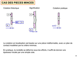 CAS DES PIECES MINCES
A
e
A
t
Cotation théorique Signification
A
e
e±t/2
59
Cotation pratique
La cotation en localisation est basée sur une pièce indéformable, avec un plan de
contact modélisé par le critère minimax.
En pratique, la rondelle se déforme sous les efforts, il suffit de donner une
épaisseur locale par une simple cote.
 