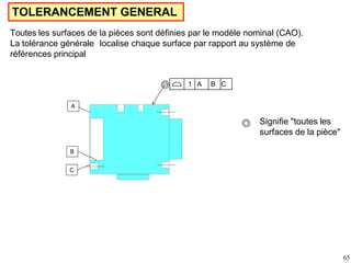 TOLERANCEMENT GENERAL
B
C
A
1 A B C
Toutes les surfaces de la pièces sont définies par le modèle nominal (CAO).
La tolérance générale localise chaque surface par rapport au système de
références principal
Signifie "toutes les
surfaces de la pièce"
65
 