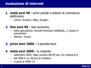evoluzione di internet metà anni 90  - primi portali e sistemi di commercio elettronico Yahoo, Amazon, eBay, Google... fine anni 90  - new economy bolla speculativa, mercati finanziari (NASDAQ...), fusioni e acquisizioni Warner, Tiscali.. primi anni 2000  – il periodo buio metà anni 2000  - la rinascita settembre 2005: eBay compra SKYPE per 2,6 miliardi di $ dal 2006 è un rifiorire di iniziative si parla di WEB 2.0 