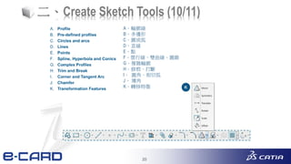 20
二、Create Sketch Tools (10/11)
A、輪廓線
B、多邊形
C、圓或弧
D、直線
E、點
F、雲行線、雙曲線、圓錐
G、複雜輪廓
H、修剪、打斷
I、 圓角、相切弧
J、 導角
K、轉移特徵
 