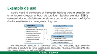 Exemplo de uso
Agora você já conheceu as instruções básicas para a criação de
uma tabela chegou a hora de praticar. Escolha um dos SGBDs
apresentados na disciplina e construa os comandos para a definição
das tabelas ilustradas no seguinte diagrama:
Na sequência, execute o comando DESC ou DESCRIBE, que permitirá
conhecer a estrutura de uma tabela. Esses comandos não são ANSII, portanto não
são compatíveis com todos os SGBDS.
 