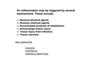 An inflammation may be triggered by several mechanisms. These include: —  Noxious physical agents  —  Noxious chemical agents —  Accumulated products of metabolism; —  Immunologic tissue injury; —  Tissue injury from infection; —  Tissue necrosis. ,[object Object],[object Object],[object Object],[object Object]