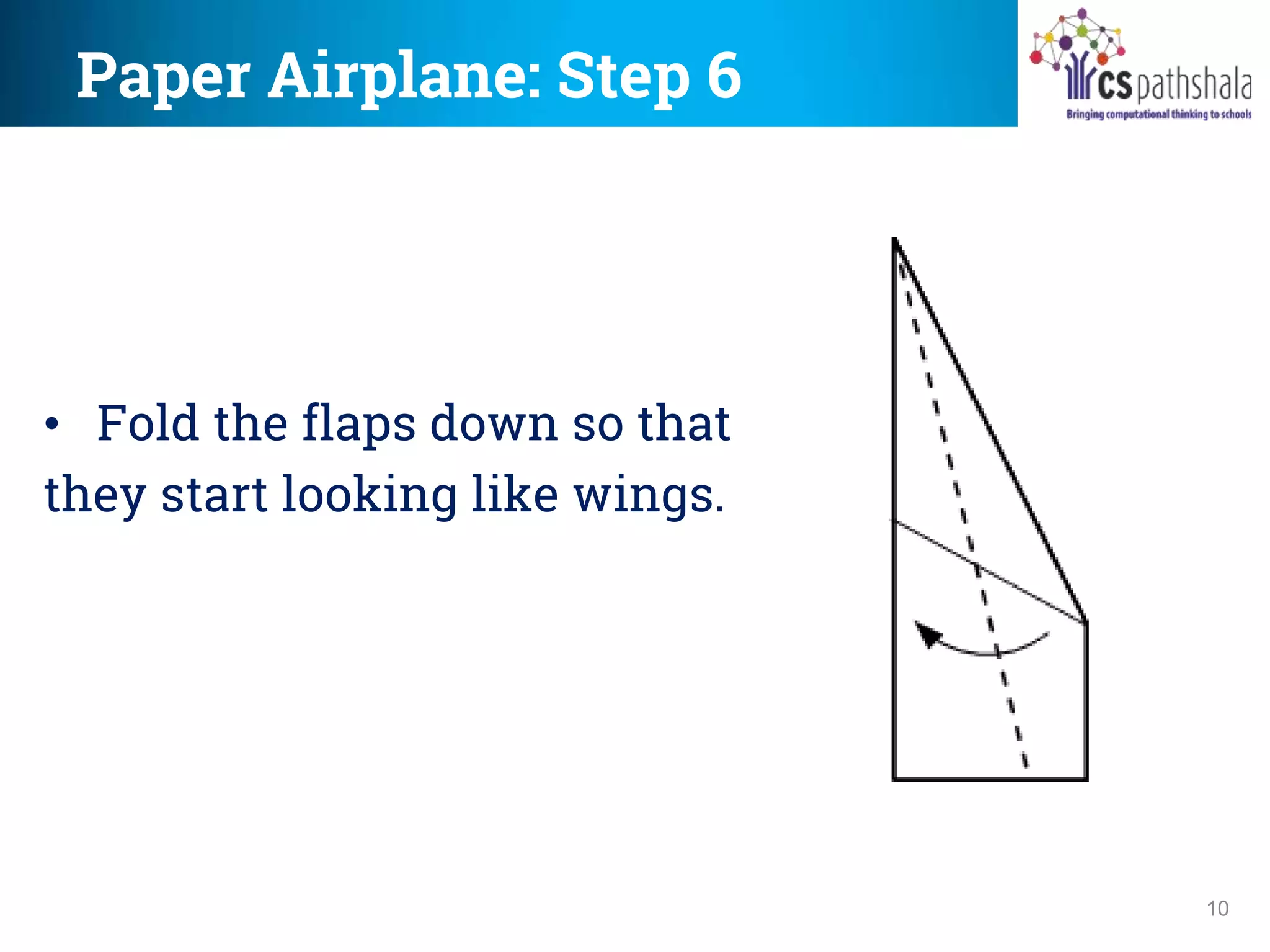 Paper Airplane: Step 6
10
• Fold the flaps down so that
they start looking like wings.
 