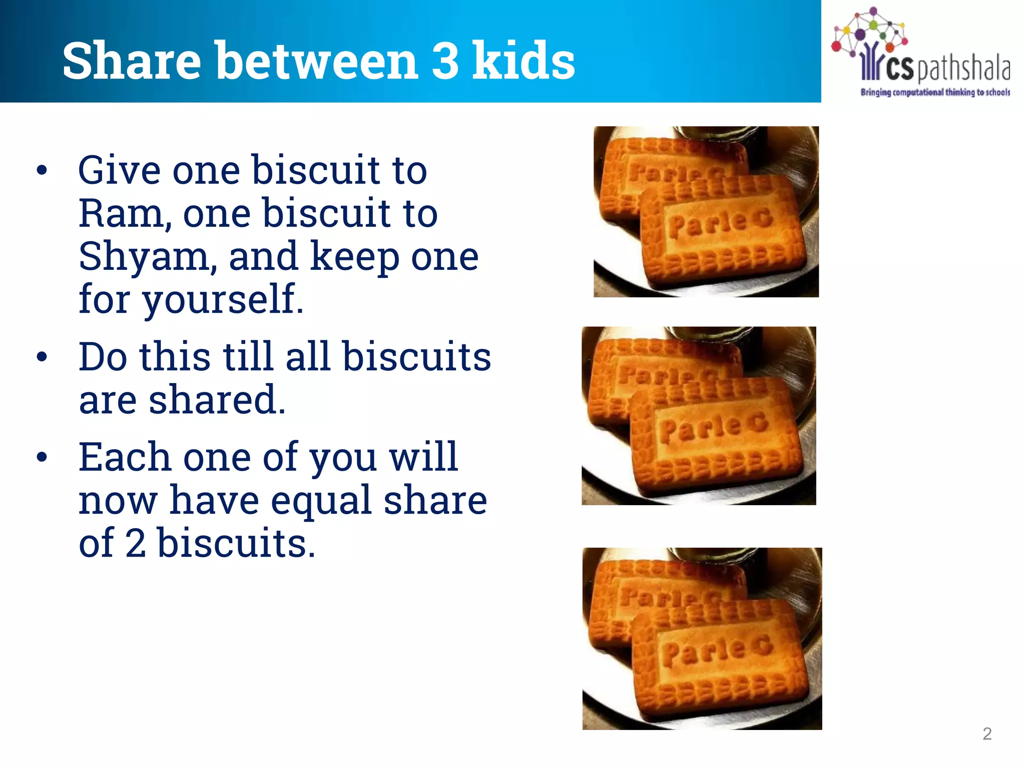 Share between 3 kids
2
• Give one biscuit to
Ram, one biscuit to
Shyam, and keep one
for yourself.
• Do this till all biscuits
are shared.
• Each one of you will
now have equal share
of 2 biscuits.
 