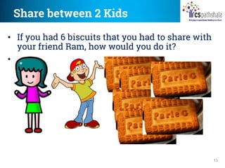 Share between 2 Kids
13
• If you had 6 biscuits that you had to share with
your friend Ram, how would you do it?
•
 