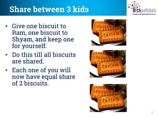 Share between 3 kids
2
• Give one biscuit to
Ram, one biscuit to
Shyam, and keep one
for yourself.
• Do this till all biscuits
are shared.
• Each one of you will
now have equal share
of 2 biscuits.
 