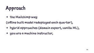 Approach
4 the Mailchimp way
(offline built model redeployed each quarter),
4 hybrid approaches (domain expert, vanilla ML),
4 you are a machine instructor,
30
 